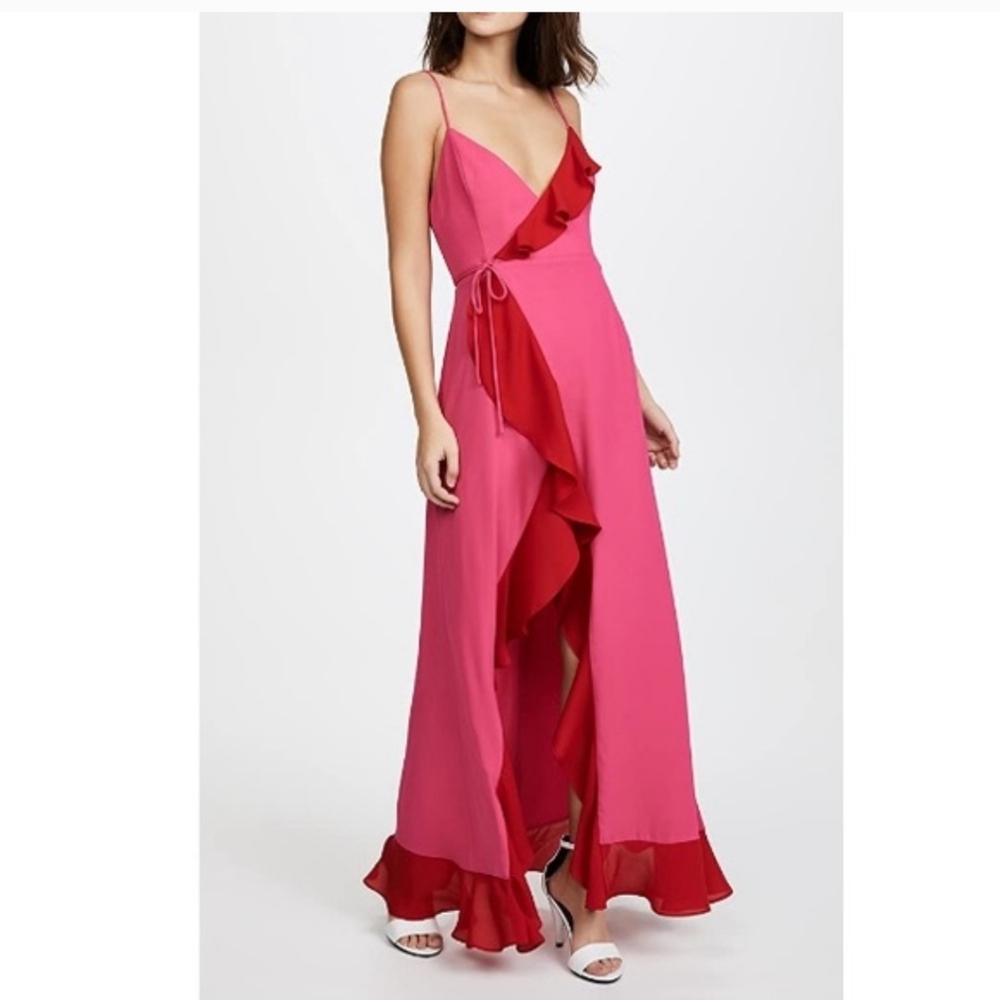 Fame and Partners Wrap Dress in Red and Pink